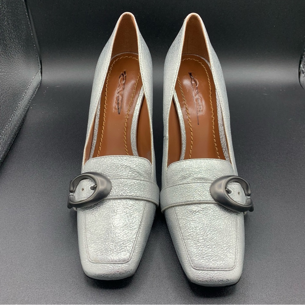 Coach Heeled Jade Loafer Silver Crackled Leather Square Toe Size 6